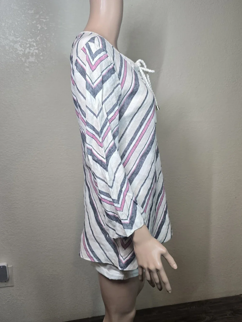 Tory Burch Linen Tunic Top Sz 12 Striped Lace Up Neck Long Sleeve Beach Resort